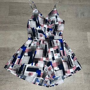 Freebird, Geometric Spaghetti Strap Shorts Fully Lined Romper, Women’s XS/S